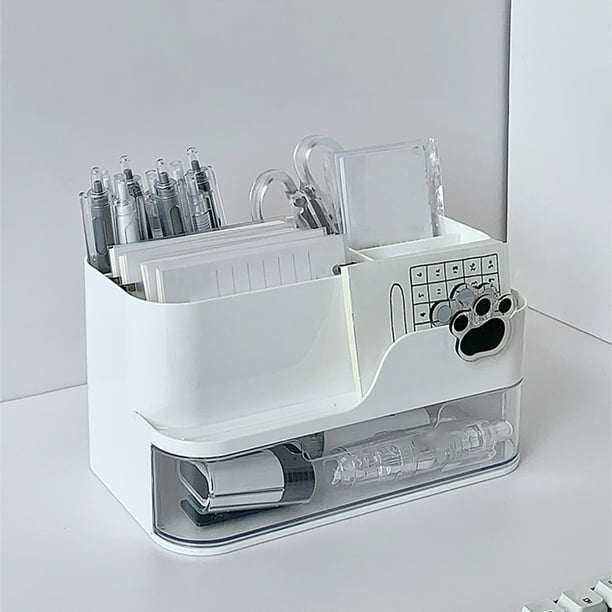 Caja de almacenamiento organizadora de sobremesa de gran capacidad para portabolígrafos | Estantería de cajón de plástico Rosa blanco 20x12.2x10.6cm | Organizador de escritorio multicompartimento