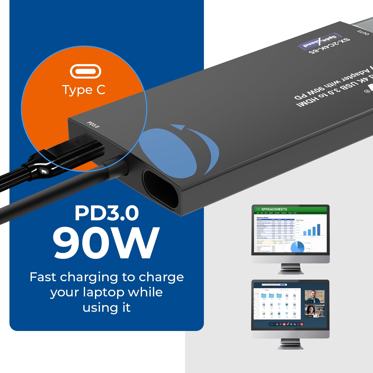 OREI SplitXtend 4K USB 3.0 to HDMI Display Adapter with 90W PD (SX-2C4K-85)
