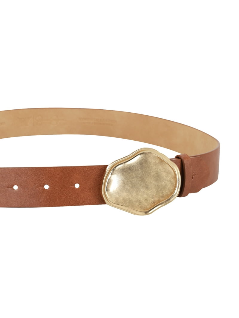 Jessica Simpson Women's Sculpted Gold Plaque Buckle Leather Belt