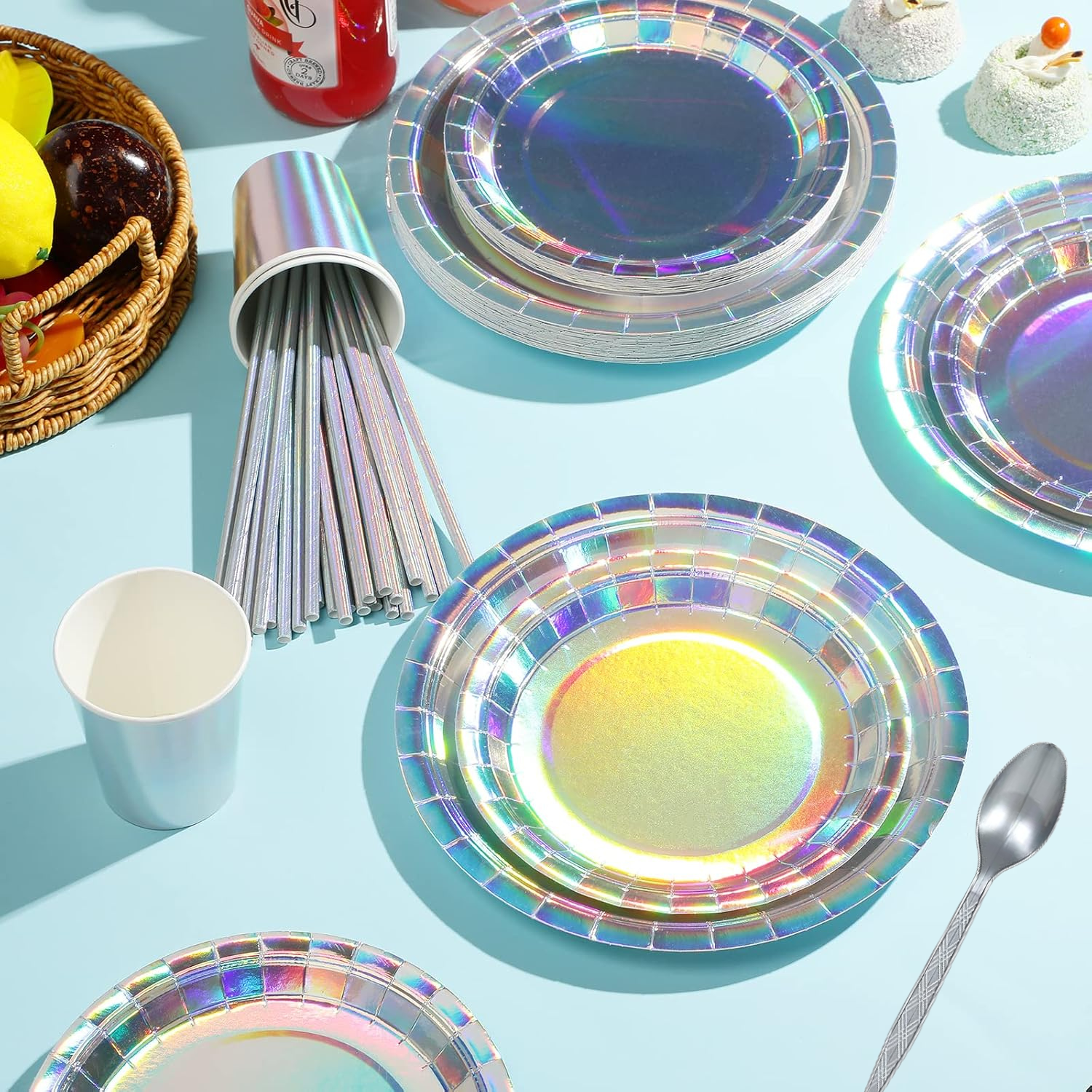 141 Iridescent Party Supplies Decorations, Holographic Paper Plates and Napkins Set, Disposable Tablecloth Set for Mermaid Disco Birthday Wedding Anniversary Party