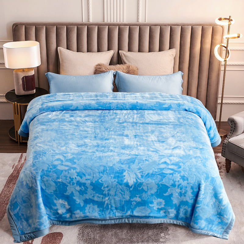 Heavy Thick Fleece Blanket King Size, 10.5lbs,2 Ply A & B Pattern Silky Soft Warm Reversible Raschel Winter Blanket, Minky Soft Plush Blanket for Sofa Bed, 87"x94", Light Blue Floral