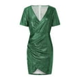 thumbnail image 5 of BLTIBY 2025 Women Sequin Evening Dress Hip Wrap V-Neck Ruched Waist Long Sleeve Glitter Cocktail Party Slim Formal Gown with High Split Green S, 5 of 8
