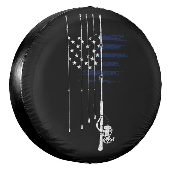 KAKALAD American Flag Blue Fishing Rod Lines 01 Spare Tire Cover Wheel Protectors Weatherproof Universal Vehicle Dust-Proof for Trailer Rv SUV Truck Camper Travel Trailer Accessories 14 ” Inch