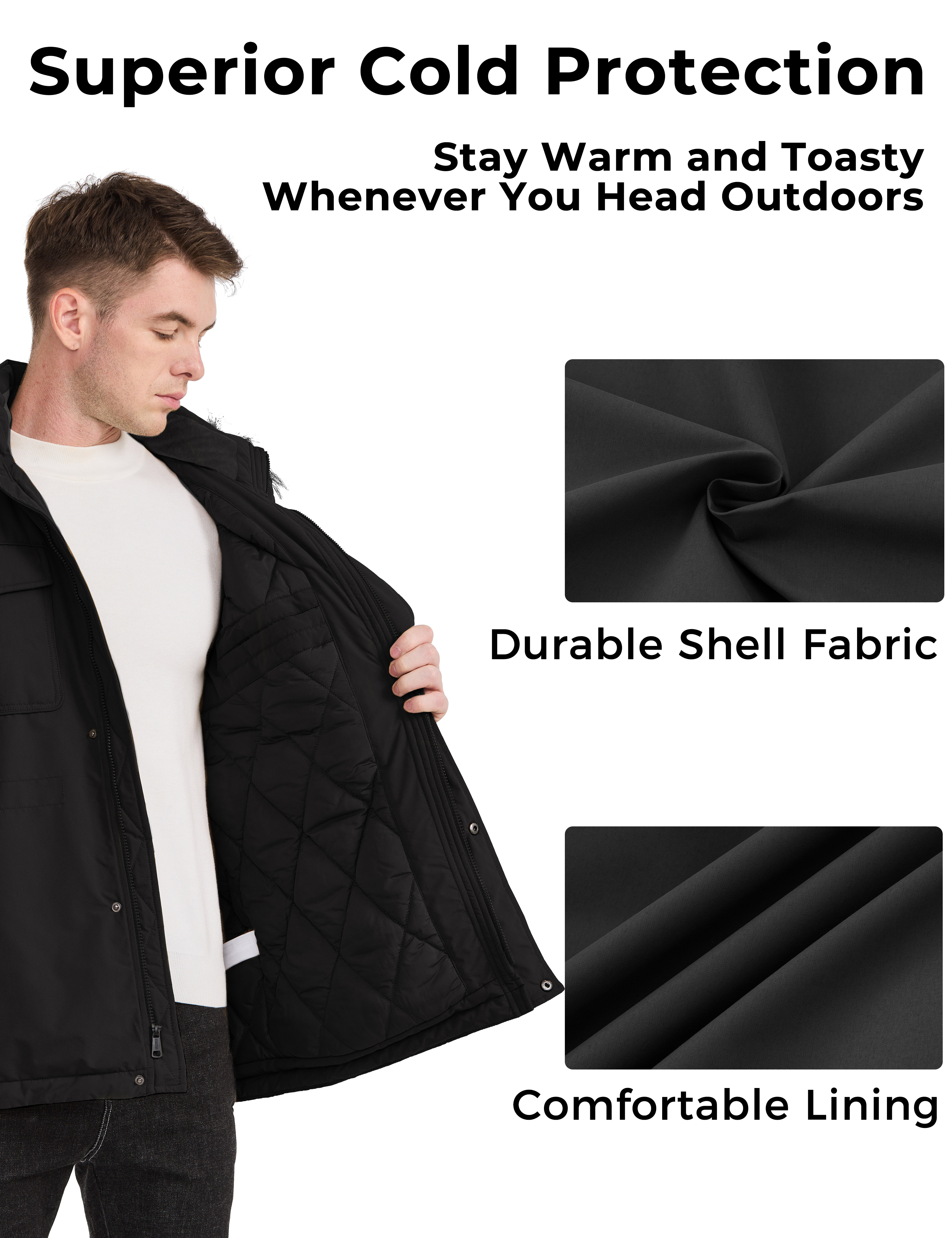 WenVen Men's Winter Parka Jacket, Black photo 6