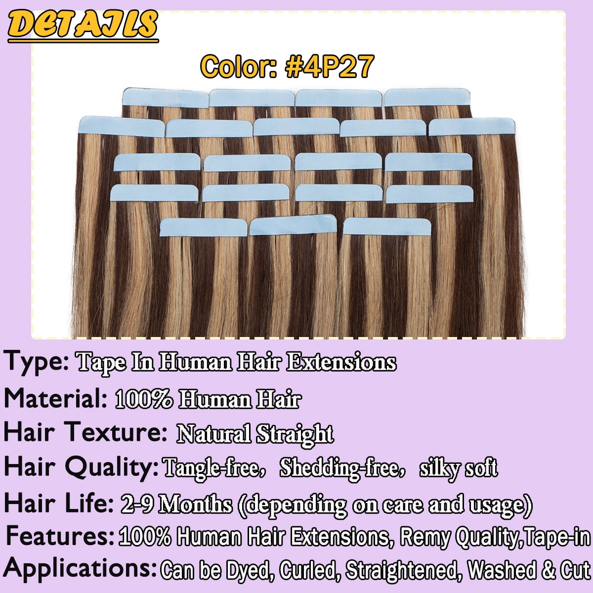 HAIRRO 18Inch Tape In Hair Extensions Human Hair Chocolate Brown to Caramel Brown 100% Remy Human Hair Extensions Real Human Hair Soft Thick To End 100g/Pack 40pcs Seamless Weft（ #4p27 ）