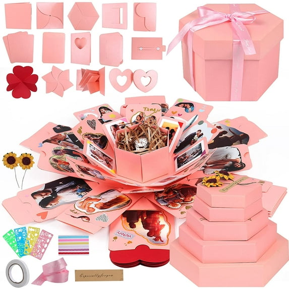 RECUTMS Pink Explosion Box DIY Handmade Photo Album,Gift Box with 6 Faces Wedding Memory Book