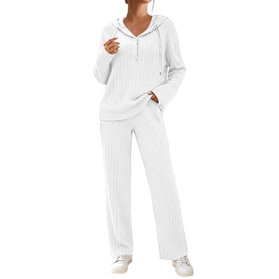 HAiming Plus Size Pajama Sets for Women 2 Piece Sleepwear Ribbed Knit Long Sleeve Hoodies Loose Pants Lounge Sets