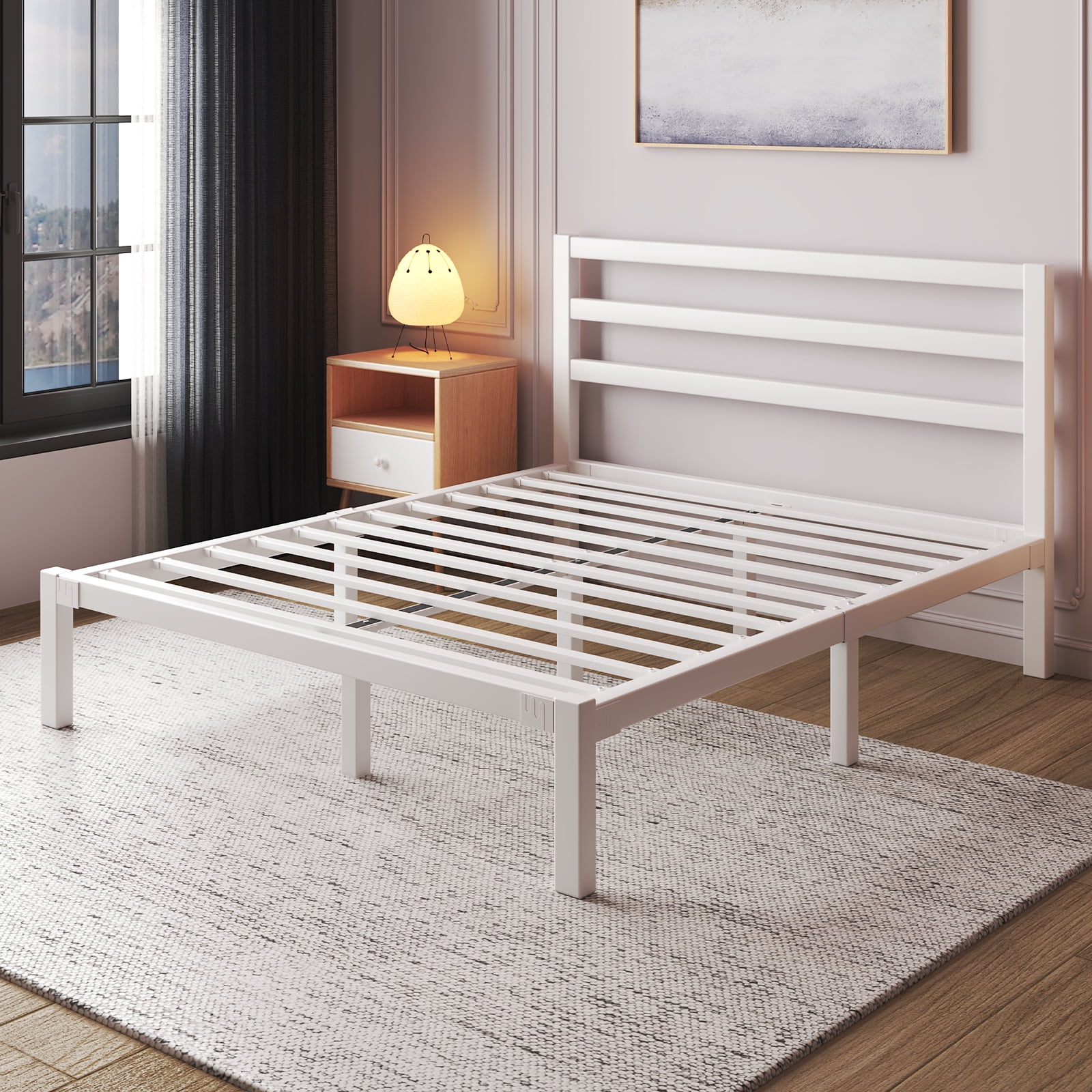 Full Size Metal Platform Bed Frame with Headboard, Heavy Duty Steel Slat Support, Under-Bed Storage, No Box Spring Needed, White
