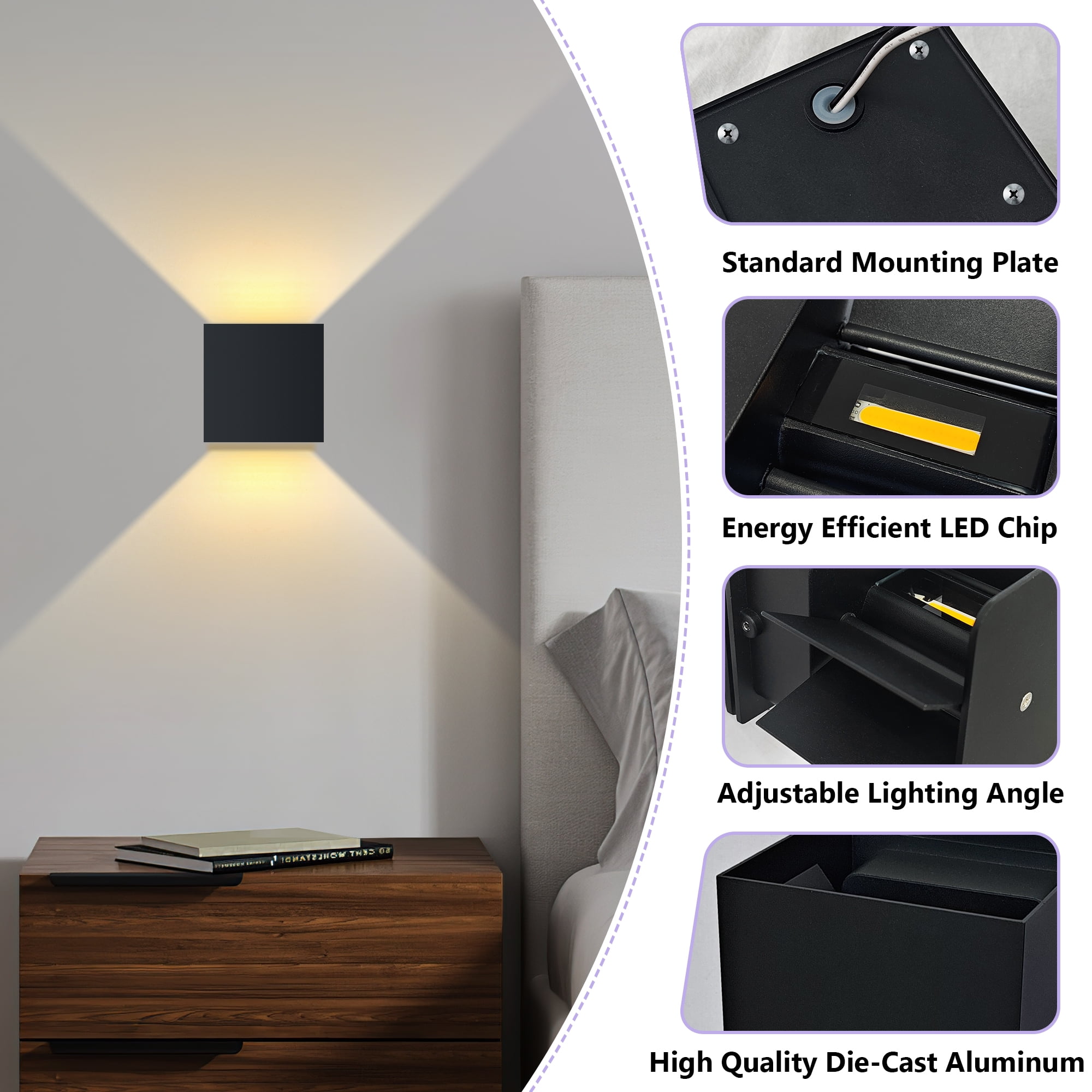 GCGAFUL 2 Pack Outdoor Wall Lantern, 4'' Matte Black Aluminum Up And Down Square LED Outdoor Wall Sconce with Adjustable Light Beam，IP65 Waterproof