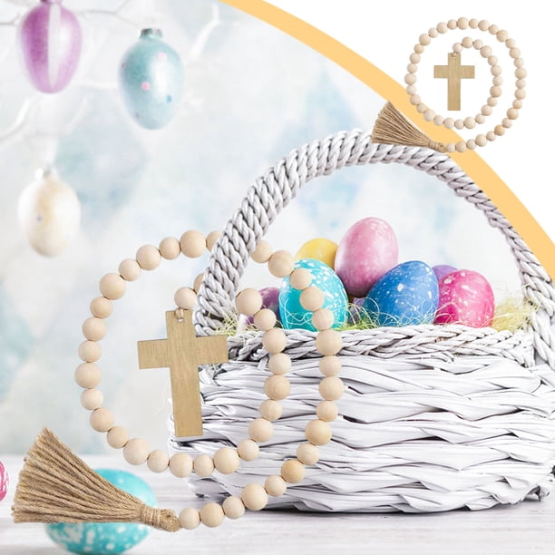 Guirnalda de Cuentas de Madera de Pascua con Borlas | Adorno Rústico para Colgar En La Pared | Rosario de Madera Multicolor con Cruces | Decoración Ligera para Bandejas, Estantes, Puertas y Ventanas
