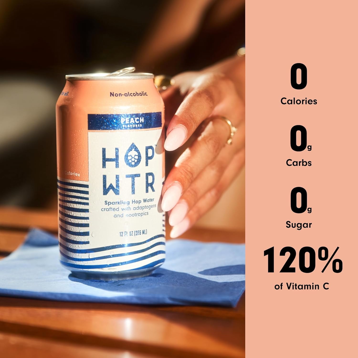 HOP WTR Sparkling Hop Water, Peach 12 Pack, Sugar Free, Low Carb Non Alcoholic Drinks, NA Beer, Adaptogen Drink, No Calories, Adaptogens & Nootropics for Added Benefits, 12 oz Cans