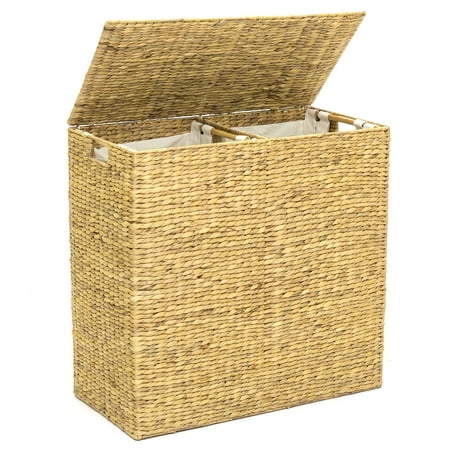 Best Choice Products Water Hyacinth Double Laundry Hamper Basket w/ 2 Liner Basket Bags,
