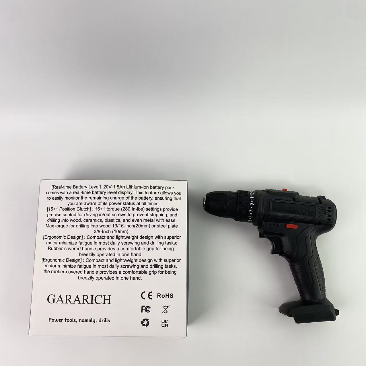 GARARICH Power tools, namely, drills,20V MAX Lithium lon Cordless Drill, Power Drill Set with 3/8-Inch Keyless Chuck (Black)
