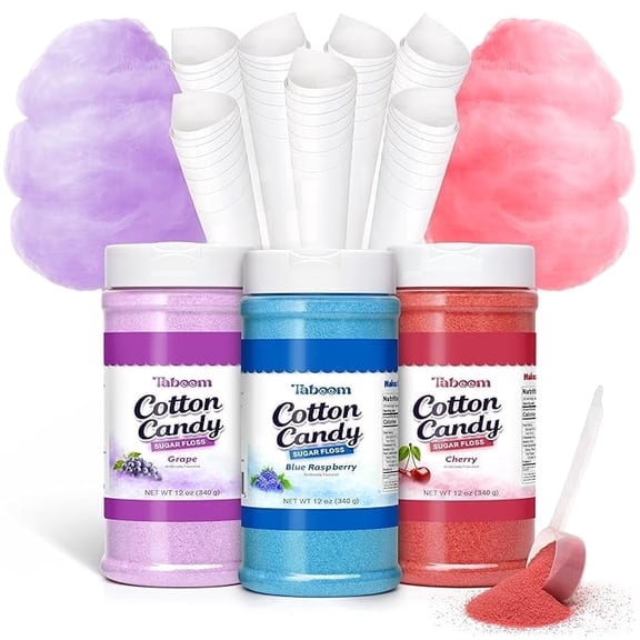 Cotton Candy Sugar Floss Variety Pack with Cones, 3 Flavors Grape Raspberry Cherry, Cotton Candy Refill for Machines, Party Cotton Candy