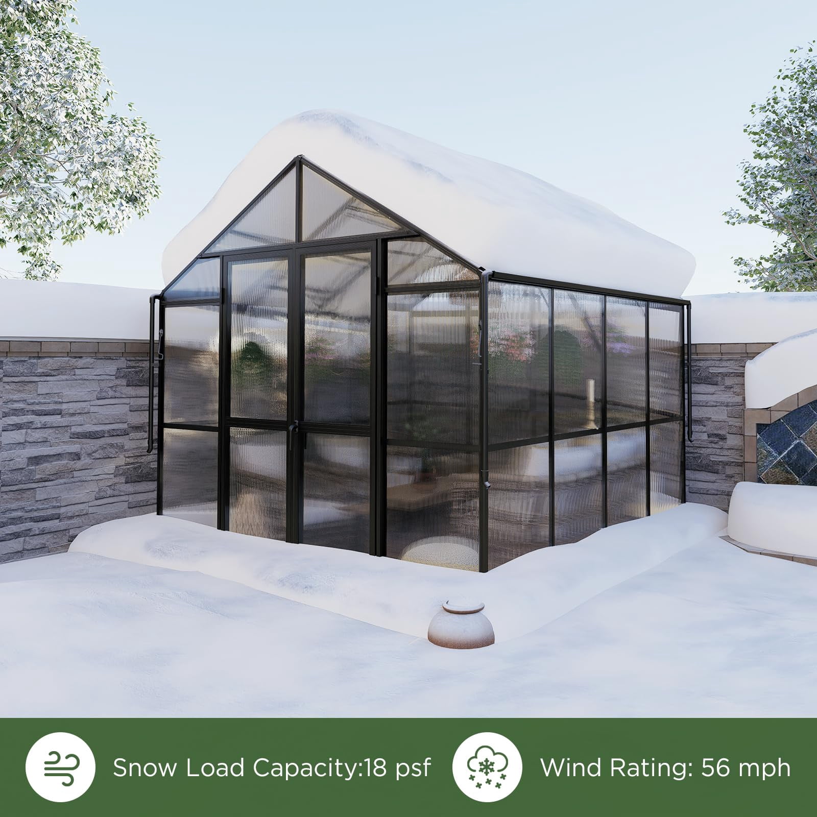 Jocisland 8x8x7.5 ft Outdoor Aluminum Polycarbonate Walk in Greenhouse with Ventilation and Rain Gutter, Double Doors with Hook for Outdoors (Black)