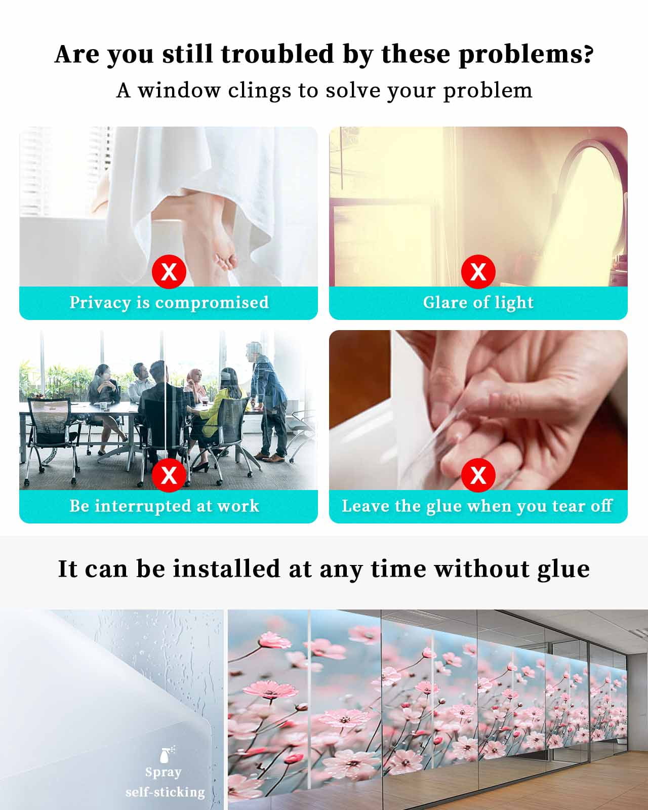 Window Privacy Film Pink Summer Spring Floral Stained Glass Window Film Decorative Sun Block Window Cover Farmhouse Flowers Window Clings Static Adhesive Sticker for Bathroom 35.4"x78.7"