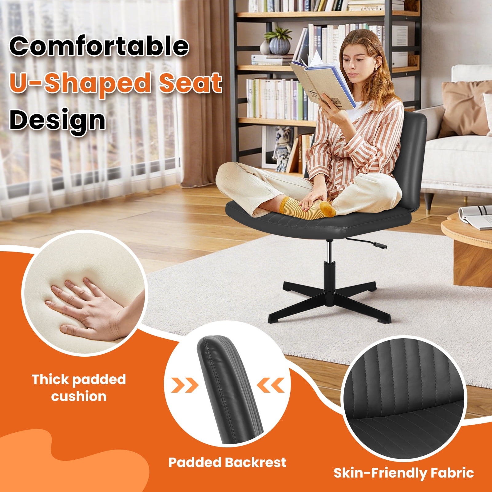 Dkelincs Criss Cross Chair Adjustable Wide Computer Desk Chair Armless Vanity Chair Modern Task Chair No Wheels, Black