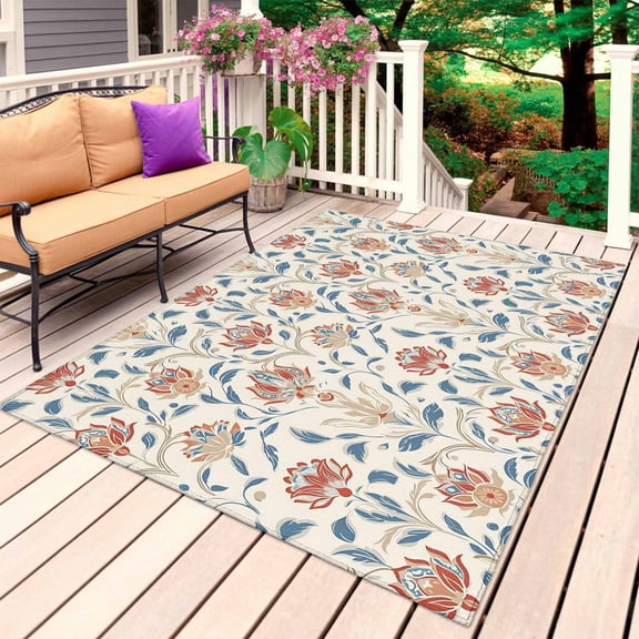 Boho Floral Outdoor Rug for Patio/Deck/Porch, Non-Slip Large Area Rug 5 x 7 Ft, Modern Watercolor Red Blue Flower Plant Indoor Outdoor Rugs Washable Area Rugs, Reversible Camping Rug Carpet Runner