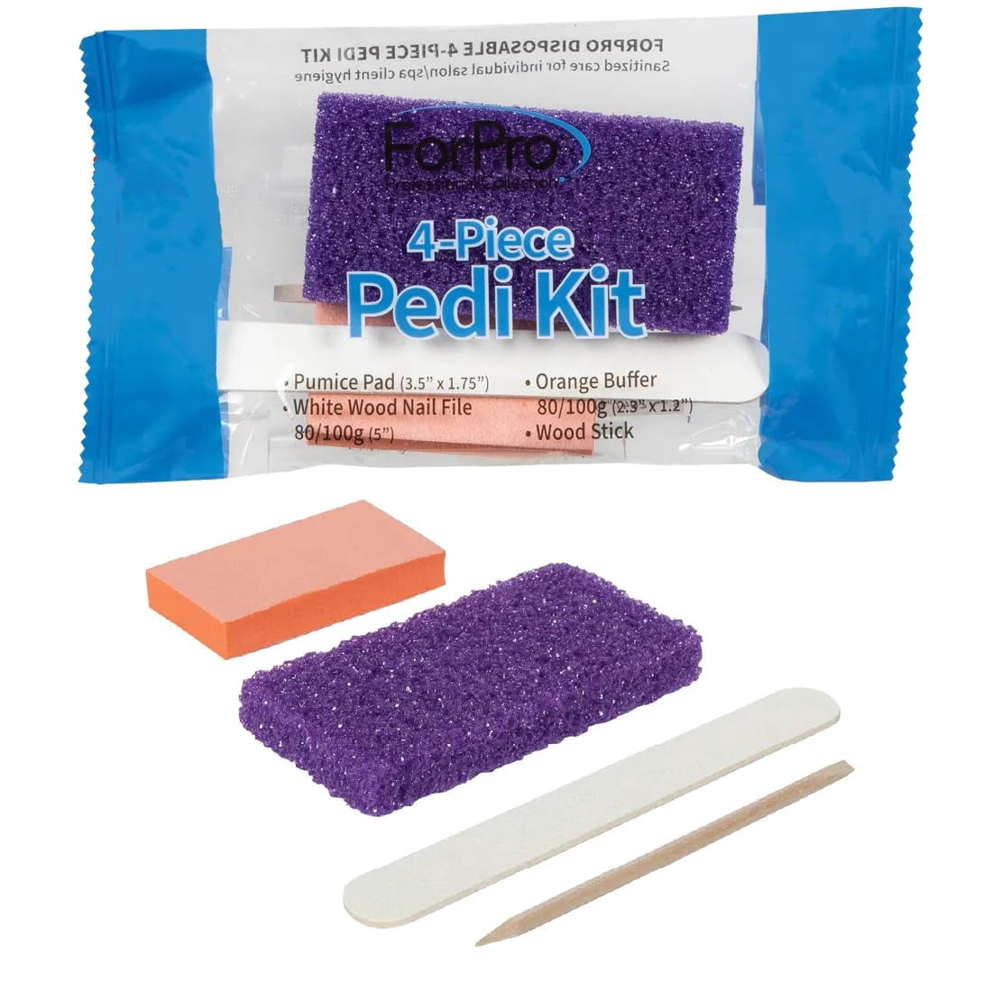 ForPro 4-Piece Pedi Kit, 100-Count, Individually-Packed Pedicure Set, Purple Pumice Pad, White Wood Nail File 80/100 Grit, Orange Mini Buffer 80/100 Grit, Wood Stick