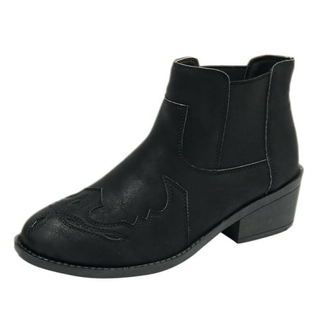 

Black Boots for Women Fashion Women Solid Color Autumn Embroidery Thick Sole Square Heels Slip On Short Booties Round Toe Shoes Ankle Boots for Women PU Black