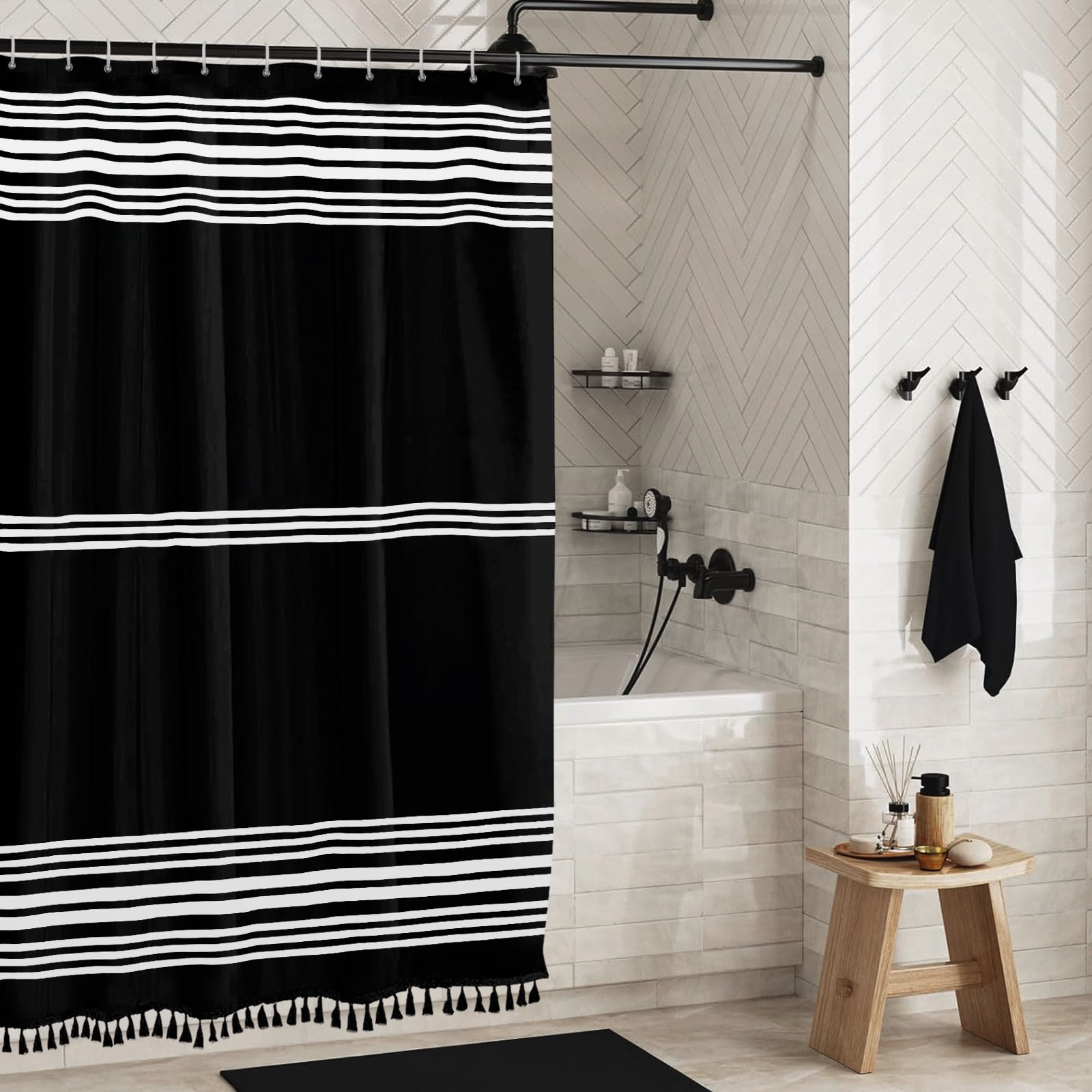 Seasonwood Black and White Shower Curtain Striped with Tassel Modern Bathroom Curtains, Fabric, Waterproof 72x72 inch
