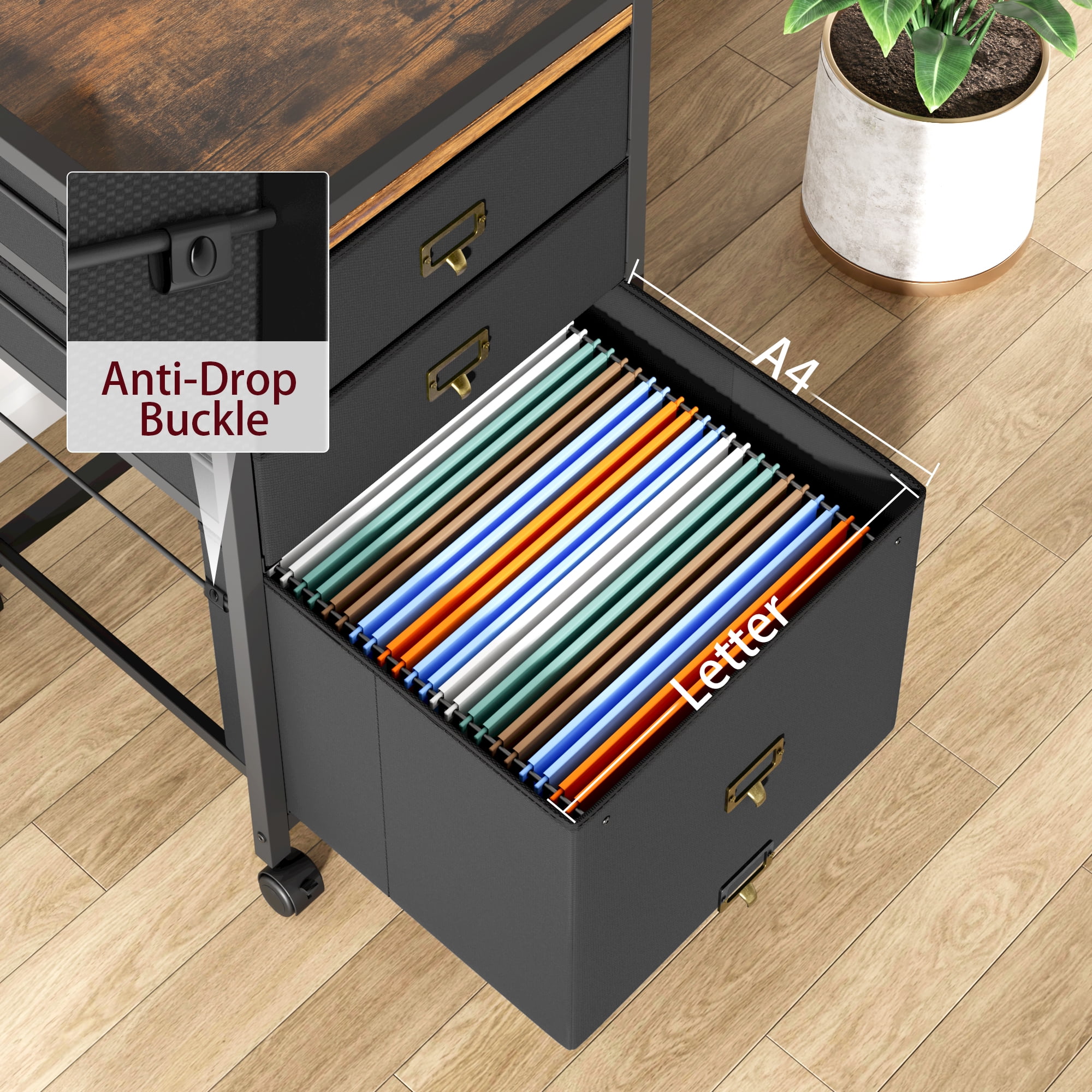 3 Drawer Mobile File Cabinet,Home Office File Cabinet,Fabric Vertical File Cabinet with Open Storage Shelves,Fits A4 or Letter Size Printer Stand,For Home Office Black