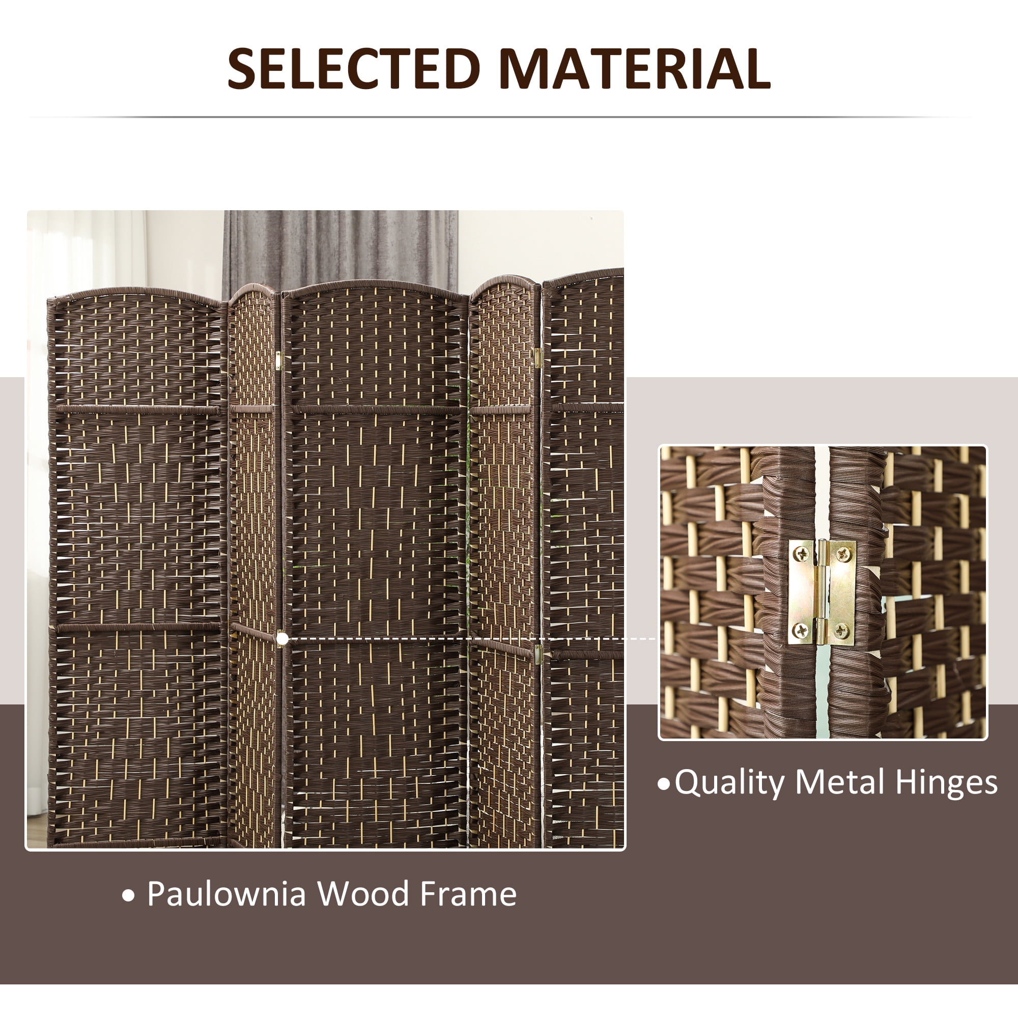 HOMCOM 6 Panel Room Divider, 6' Tall Folding Privacy Screen, Woven Freestanding Wood Partition for Home Office, Bedroom, Brown