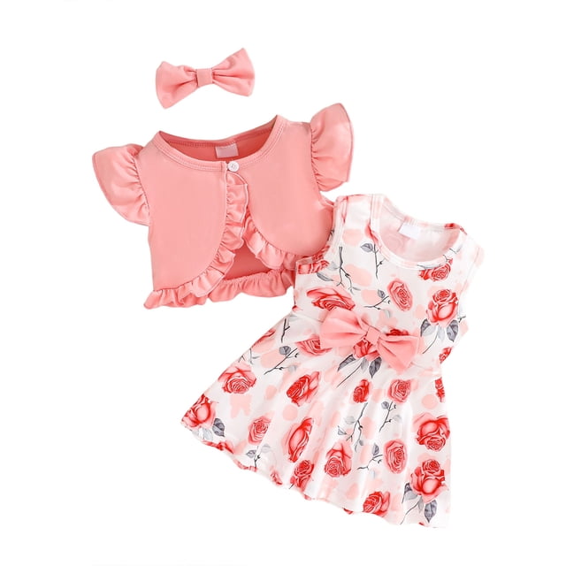 Wxirdiow Girls Clothes Spring And Summer Dress For Girls With Solid Color Coat Fashionable And Cute Three Piece Set For Baby Girls Pink Size,2-3 Years