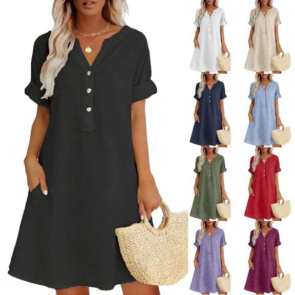 Linen Dress for Women Ihhxva Cotton Loose Fit V-Neck Button Front with Pockets Casual down Summer Beach Midi Shift Style A-Line S-5XL