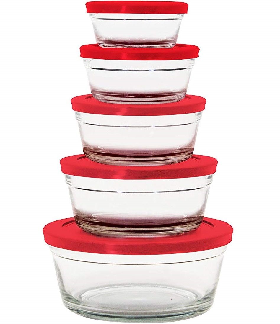 Farberware 10Pc Food Storage Glass Bowl Set W/Plastic Lids Micr