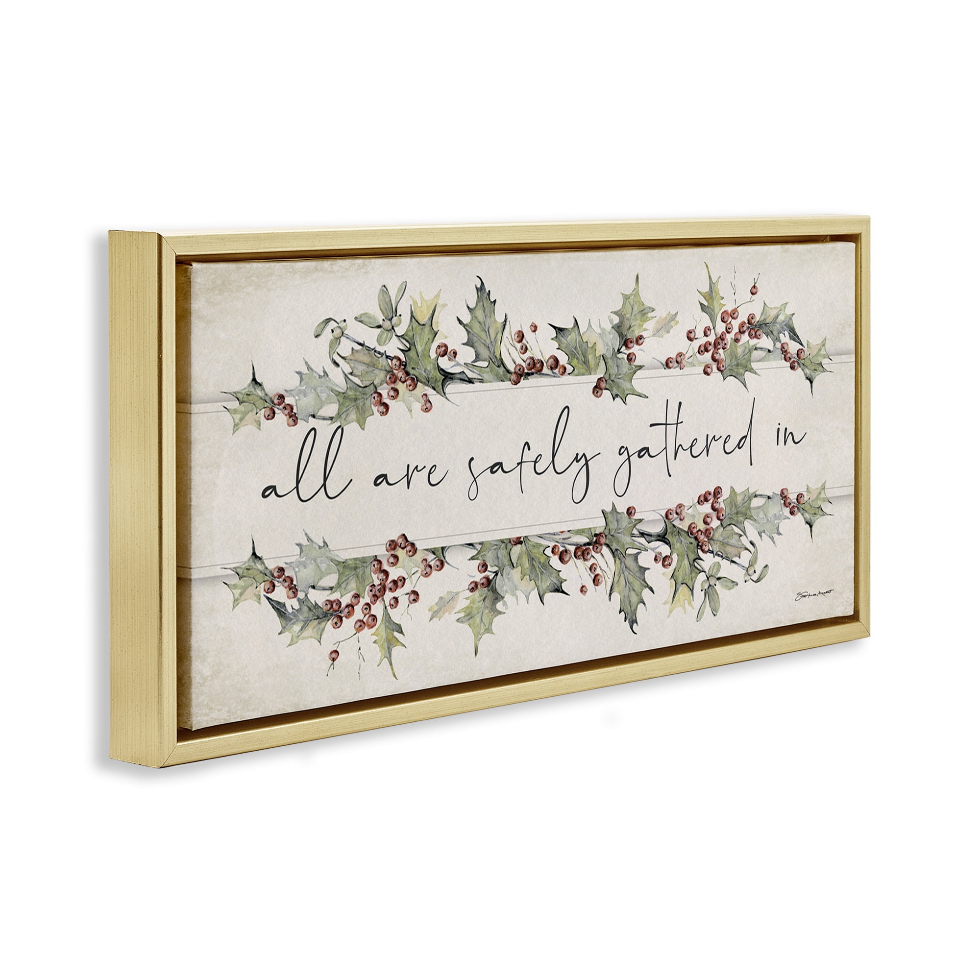 Stupell Industries All Safely Gathered Phrase Holiday Painting Gold Floater Framed Canvas Art Print Wall Art, 31 x 14