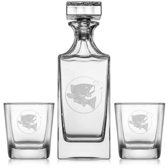 Whiskey Decanter Gift Set With 2 Whiskey Old Fashioned Rocks Glasses Fly Fishing