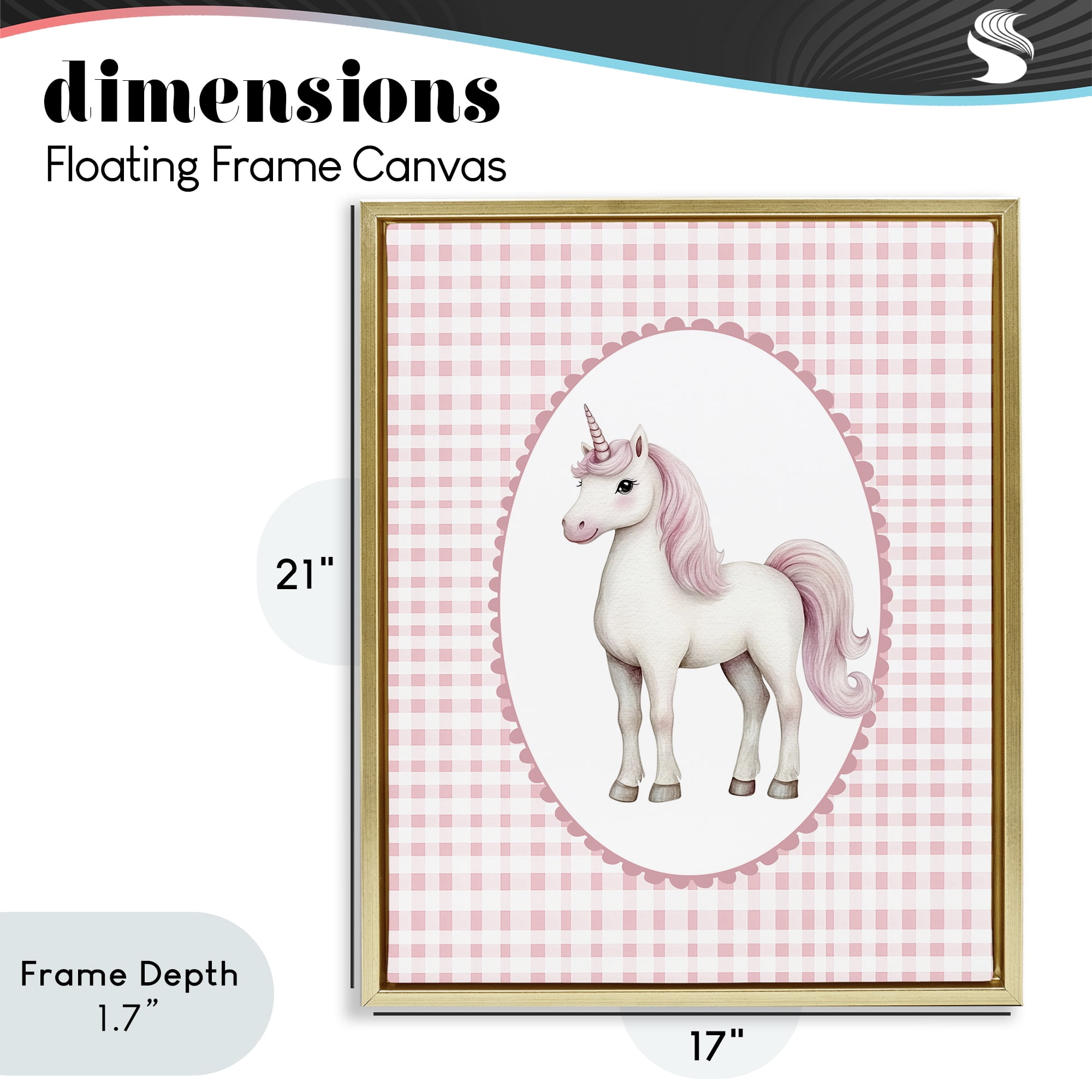Stupell Industries Pink Gingham Unicorn Gold Framed Floater Canvas Wall Art, design by Christine Simpson Art