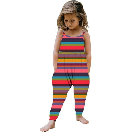 

REORIAFEE Girls One Piece Jumpsuits Rainbows Sleeveless Rompers Spaghetti Straps Overalls Stripe Playsuit Backless Onesie with Pocket Outfits Size 1Y Red