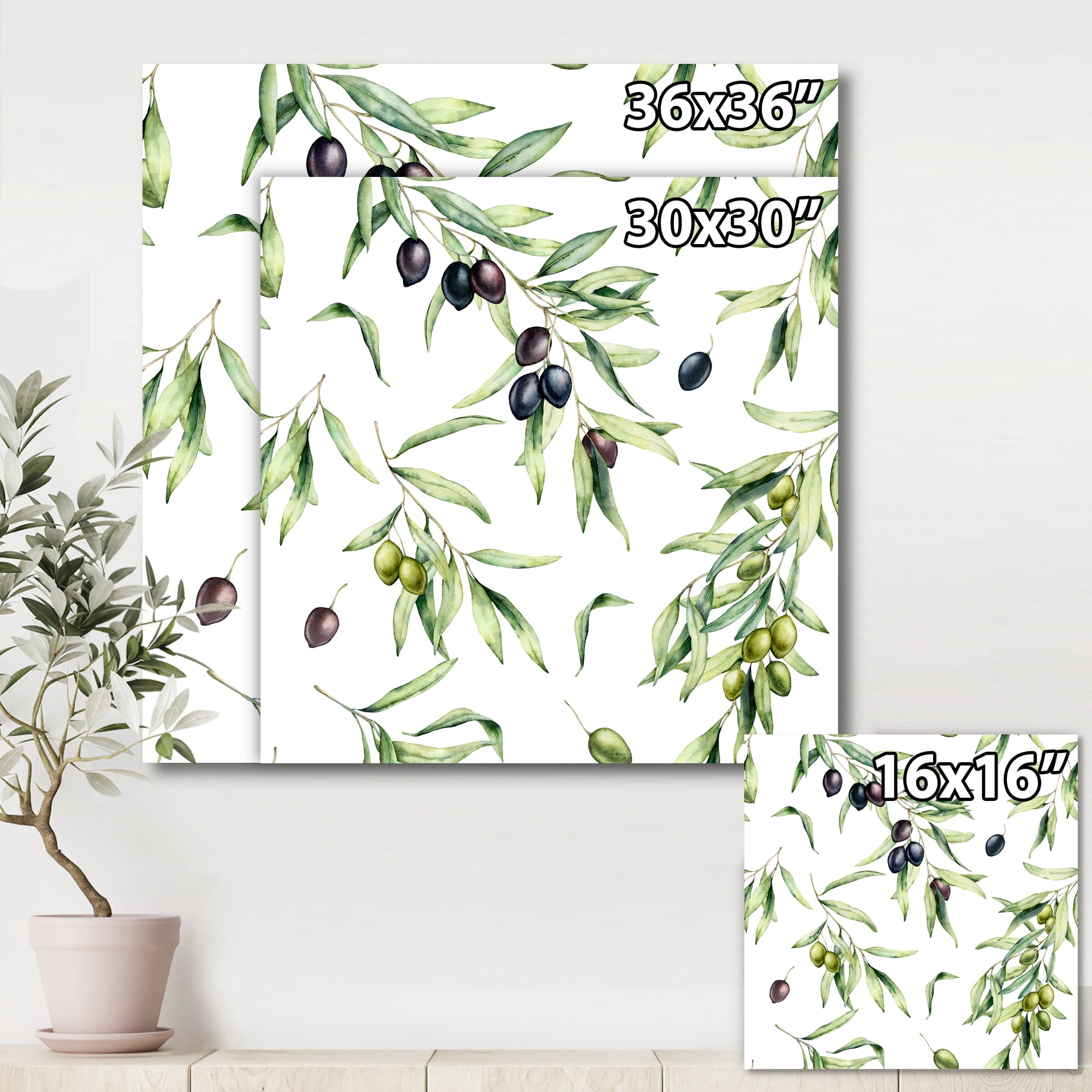 Designart ' Black and Green Olives With Olive Branches & Leaves ' Lake House Canvas Wall Art Print