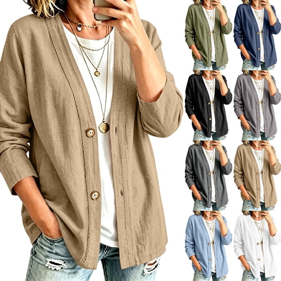 Dwellite Cotton Linen Cardigan for Women Lightweight V Neck Classic Button Front Breathable Stretch Relaxed Fit Casual White S