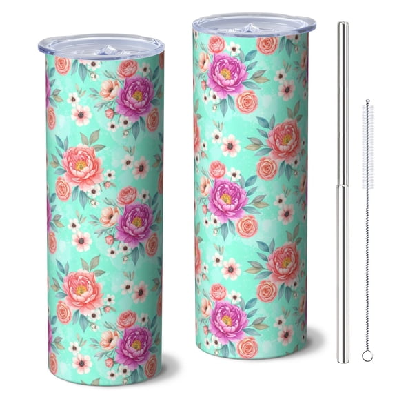 Pioneer Flower Floral Print Pattern 20oz Skinny Tumbler with Straw & Lid, Double Wall Vacuum Insulated Cup, Leak-Proof, Cup Holder Friendly, Hot 6H Cold 12H