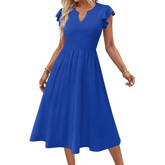 Fantaslook Summer Dresses for Women Ruffle Sleeve V Neck Midi Dresses Fashion Casual Flowy Vacation Sundress