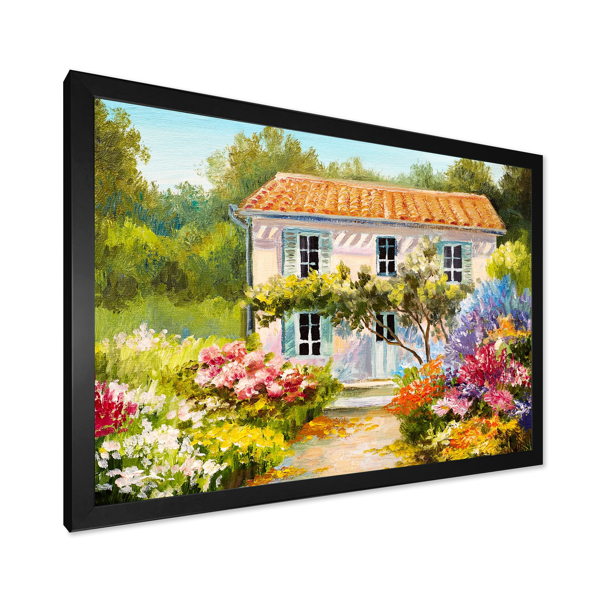 Designart 'The Mountain With Flowers With Little House II' Traditional Framed Art Print