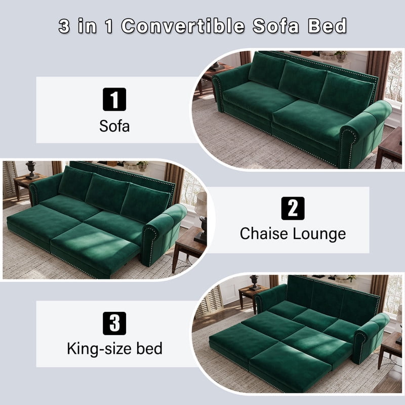 3-in-1 Velvet Convertible Sleeper Bed, 93.7" Chesterfield Sofa, King Size Pull Out Sofa Bed with Nailhead Trim & Rolled Arms, , Multi-Functional Futon Bed for Living Room, Bedroom, Apartment