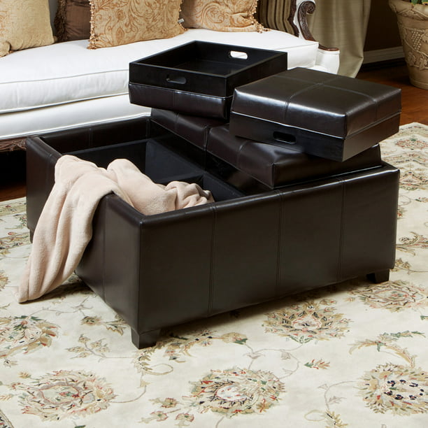 Noble House Nathan Bonded Leather, Leather Storage Ottoman With Tray Top