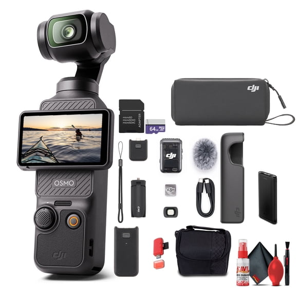 DJI Osmo Pocket 3 Creator Combo, 4K/120fps Video 3-Axis Stabilization, Handheld Vlogging Camera with Touchscreen and DJI Mic 2 (CP.OS.00000302.01)   P-Bank   64GB Memory Card   Camera Bag   More