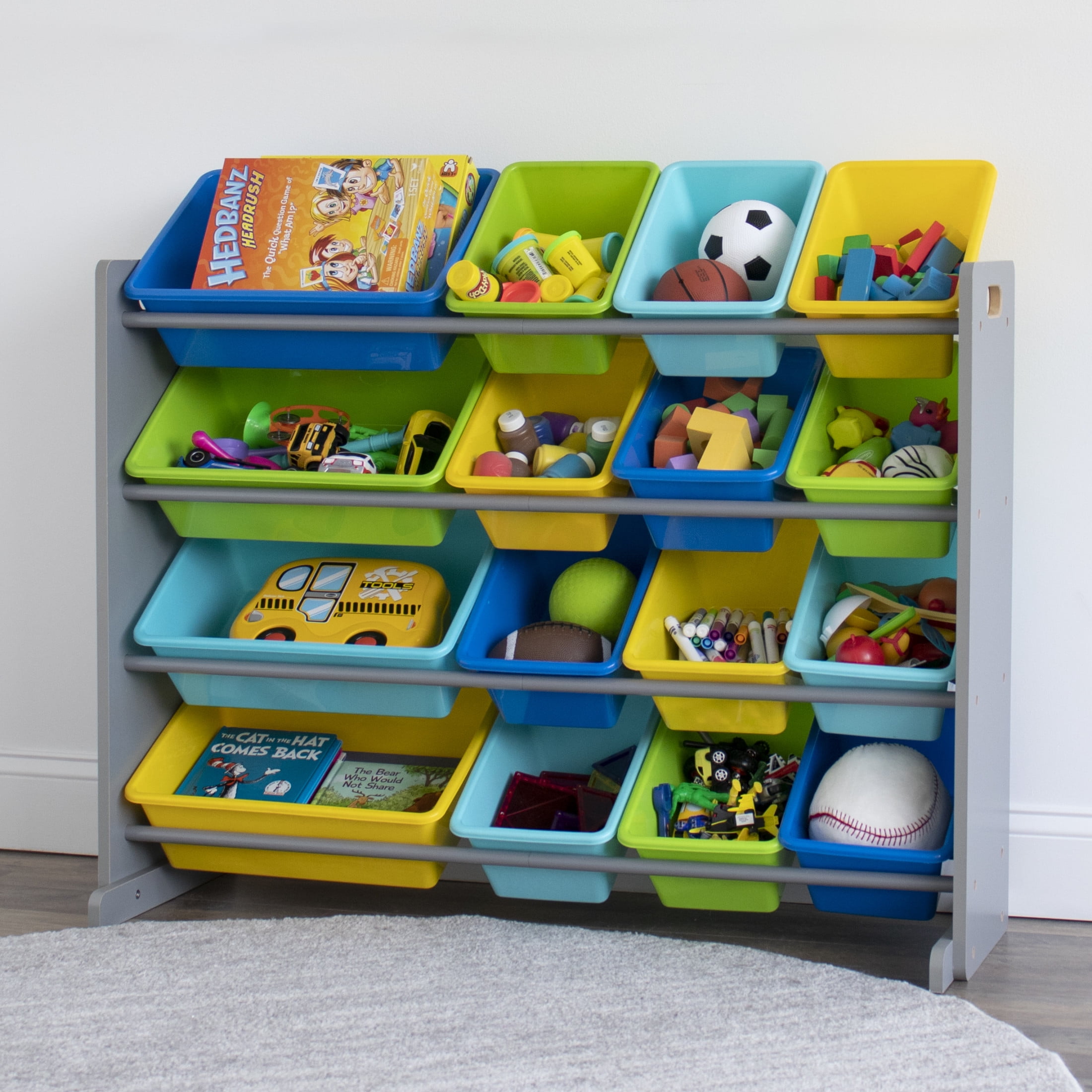 Humble Crew Storage Organizer with 16 Plastic Bins for Kids & Toddlers, Grey/Blue/Green/Yellow