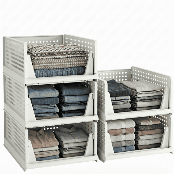 5 Packs Stackable Closet Organizer Bins, 13×17 inch Foldable Plastic Storage Baskets, Waterproof Storage Containers for Drawer, Wardrobe, Bathroom, Living Room & Office, Space Saving Design
