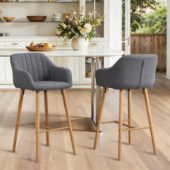 Homefun Solid Wood Bar Stools Set of 2,Tall Chairs with Upholstered Back,Arm Chair Linen Fabric,Gray