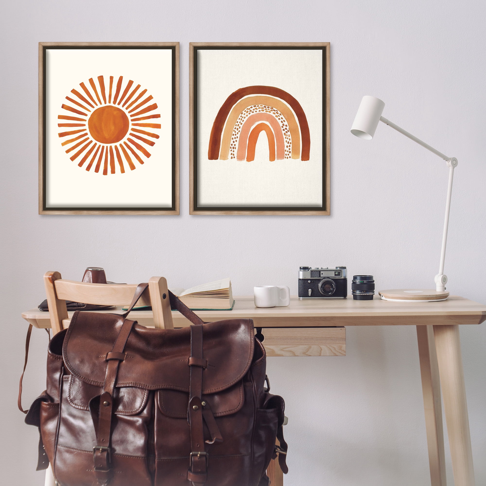 Stupell Industries Orange Sun Patterned Rainbow Boho Landscape Painting Brown Floater Framed Canvas Art Print Wall Art, 25 x 31, Set of 2
