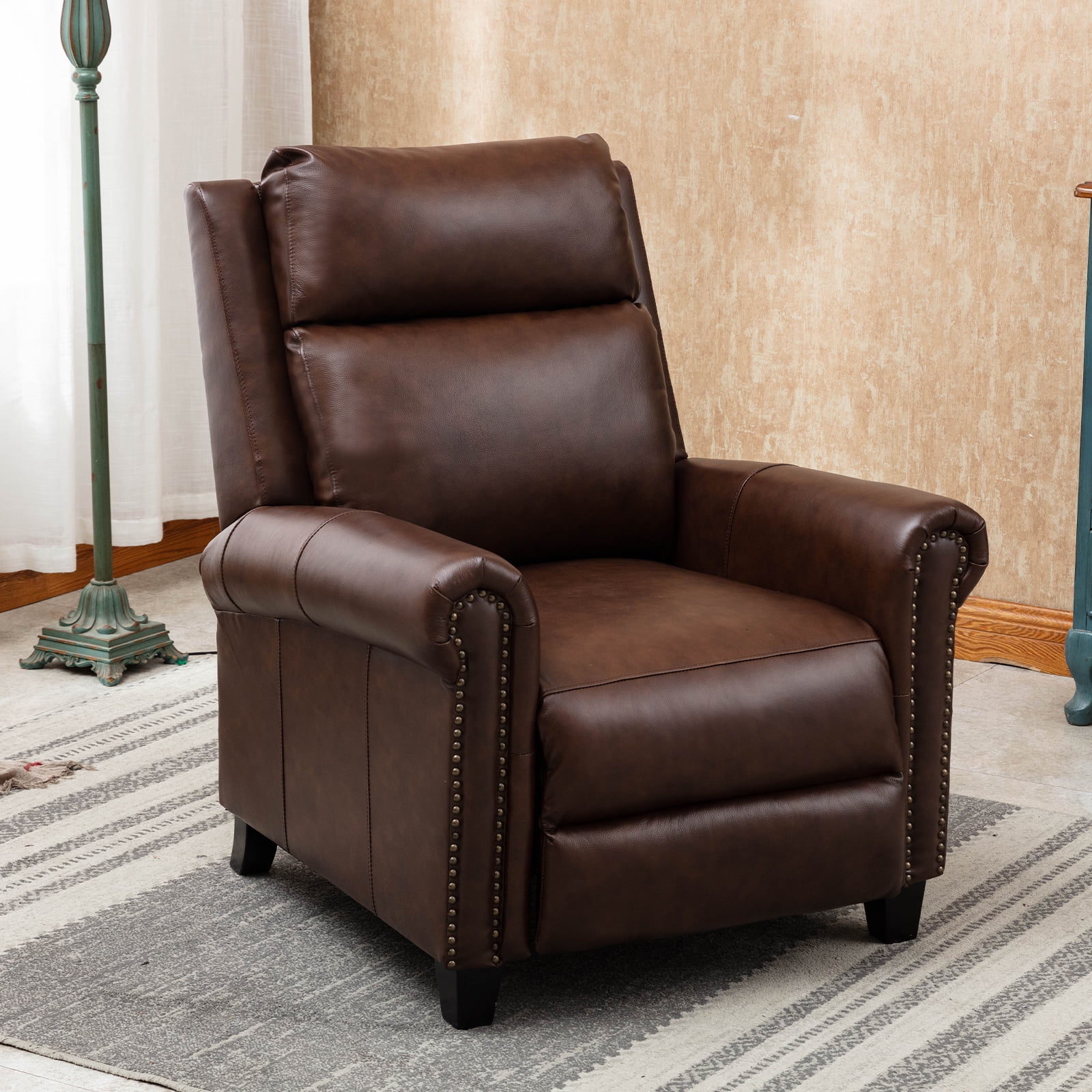 Bonzy Home Genuine leather Recliner Push Back Recline Chair with Classic and Traditional Armrests inlaid with Vintage Rivets, Brown