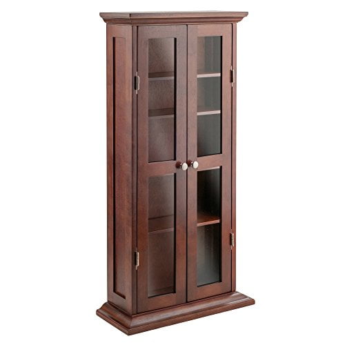 Winsome Wood Cd Dvd Cabinet With Glass, Antique Walnut Bookcase With Glass Doors