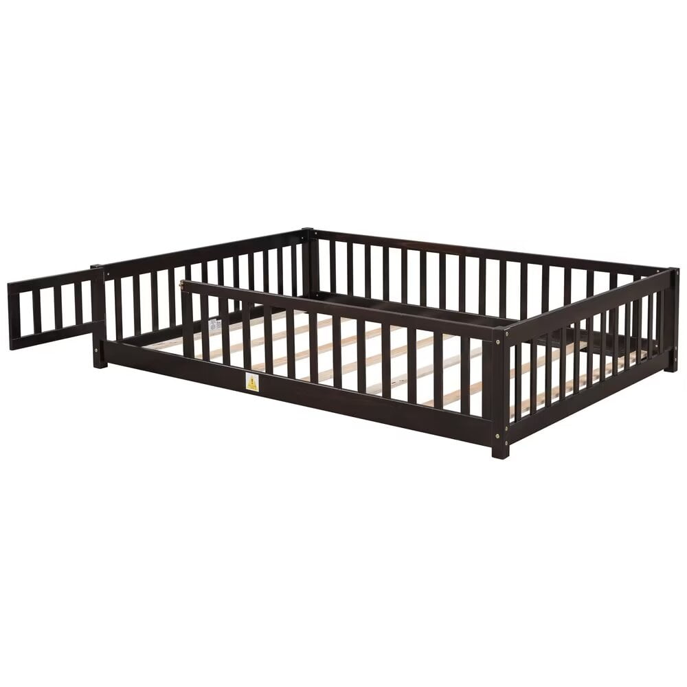 Full Size Floor Bed Frame for Kids Toddlers, Wooden Montessori Bed with 7 Wood Slats, Fence-Shaped Guardrails and Door for Boys Girls Bedroom Playroom, No Box Spring Needed, Espresso