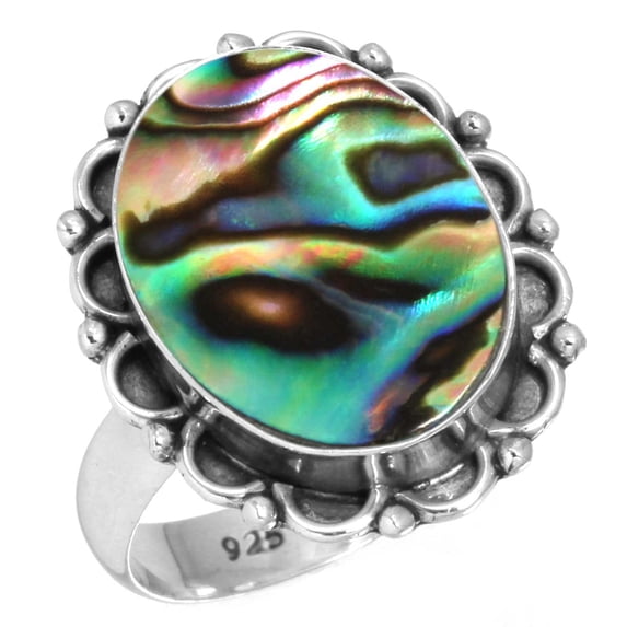 925 Sterling Silver Ring For Women - Men Multicolor Genuine Abalone Shell Gemstone Silver Ring Size 12 Boho Silver Ring Size 12 Mothers' Day Gift For Mom Gemstone 925 Silver Jewelry
